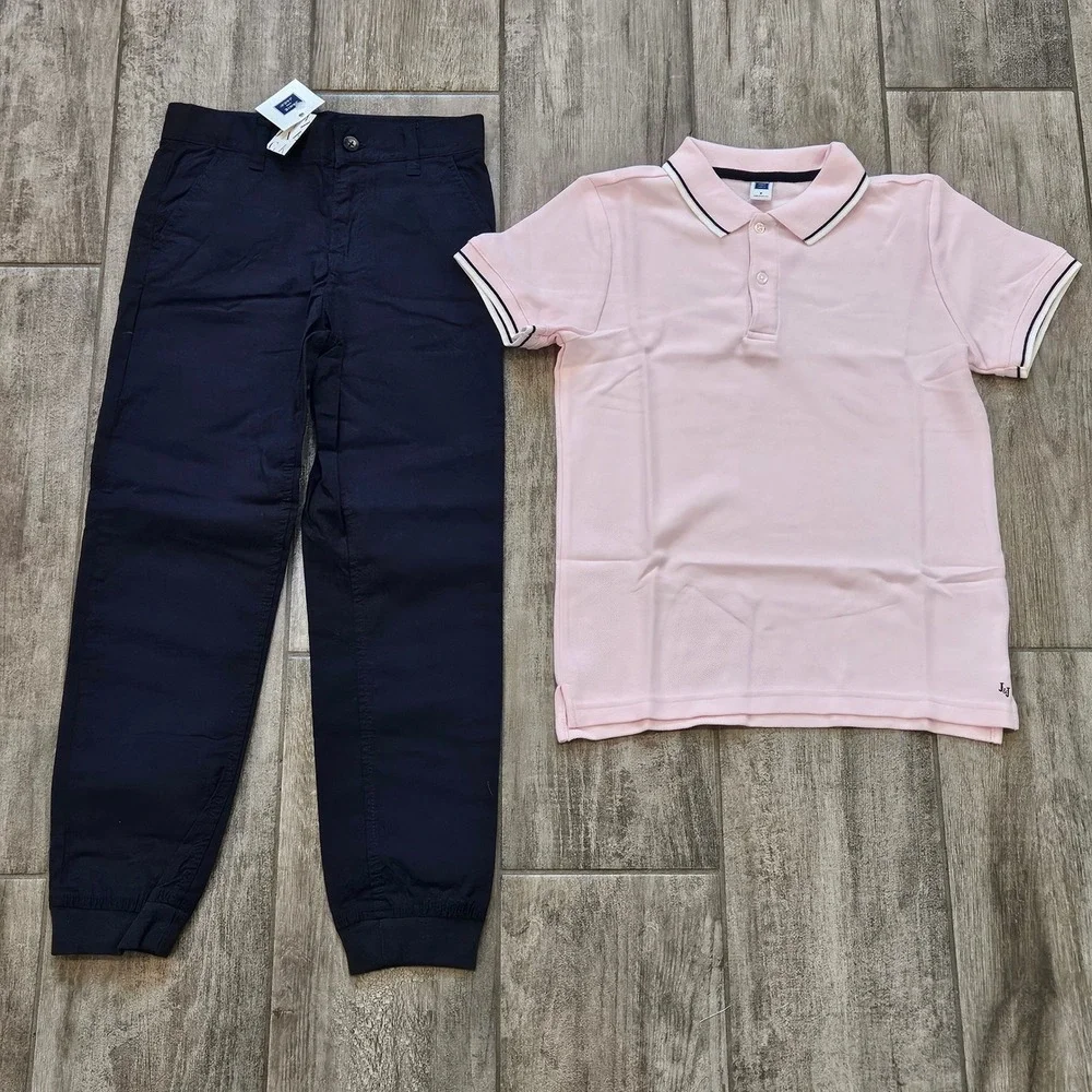 Janie and Jack Polo and Jogger Set Kids 8 Pink Navy Blue Preppy School Outfit